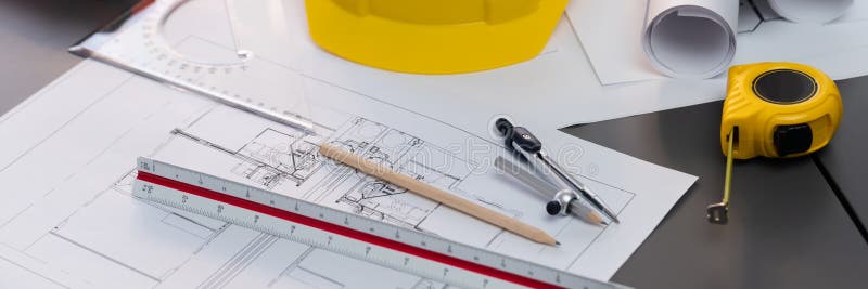 Architectural designed blueprint layout and engineer tools on table. Insight stock image