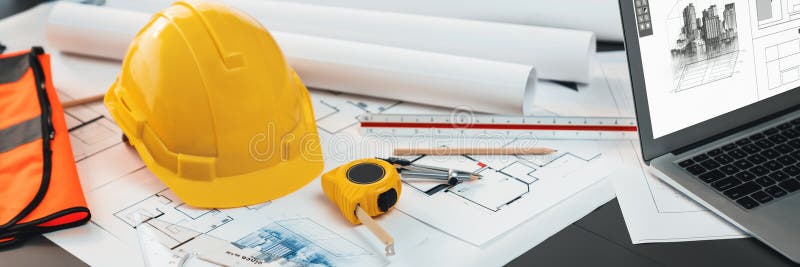 Architectural designed blueprint layout and engineer tools on table. Insight stock image