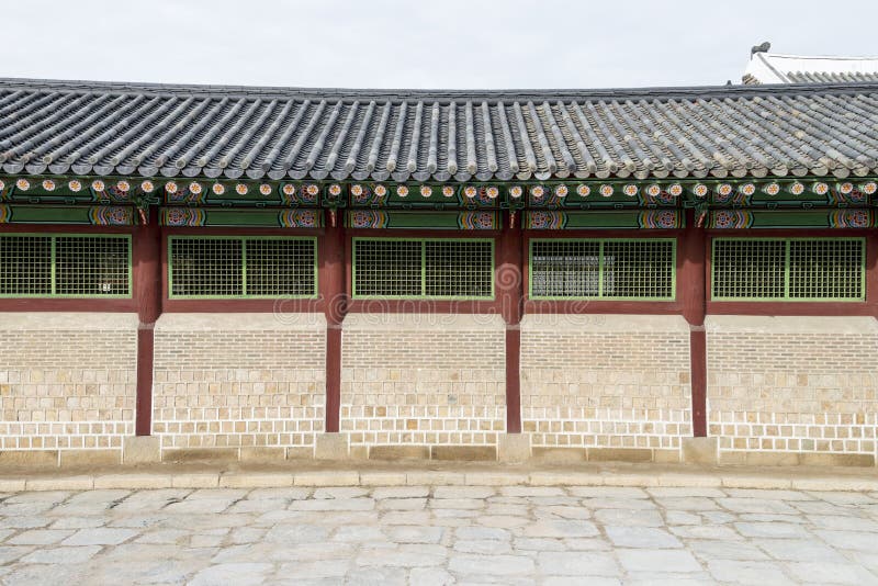 Architectural detail - Korean Tradition Wooden Window, decoration brick wall from ancient korean house in Seoul, republic