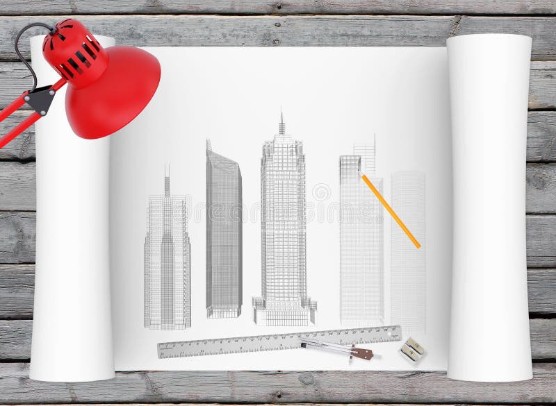 Architectural Drawing and Office Supplies on the Stock Photo Image of background, board 44563222