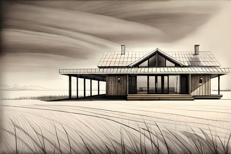 Architectural drawing style country house in the field vector illustration