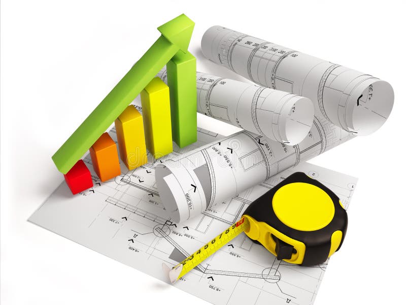 Architectural drawings with construction tools vector illustration