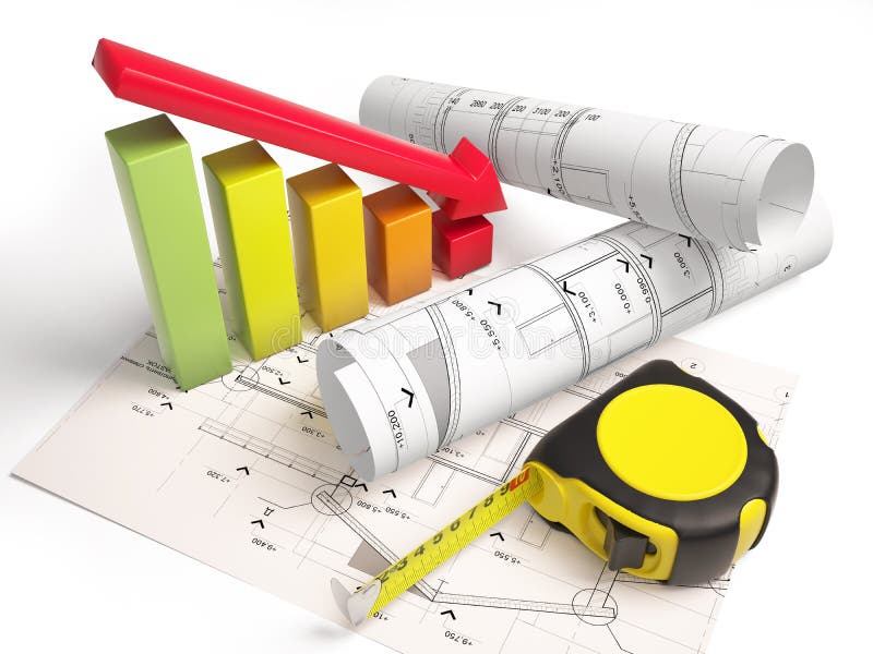 Architectural drawings with construction tools vector illustration