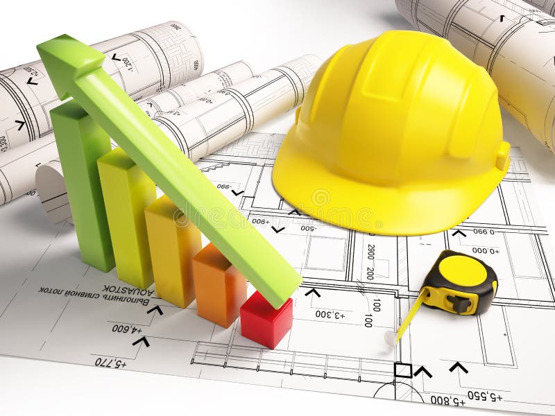 Architectural drawings with construction tools stock illustration