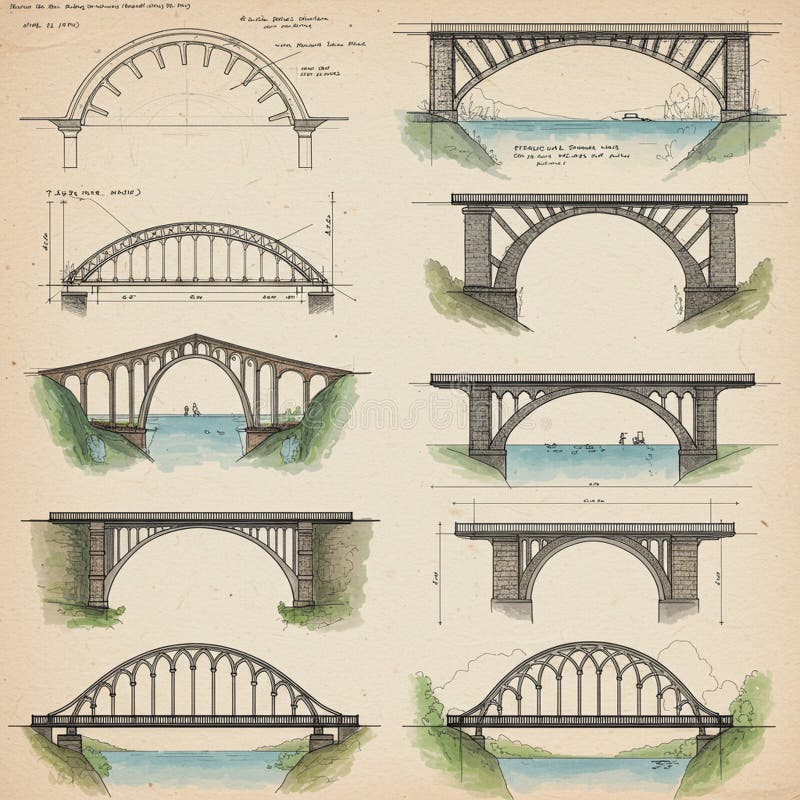 Architectural drawings depict various arch bridge designs, showcasing side and fron royalty free illustration