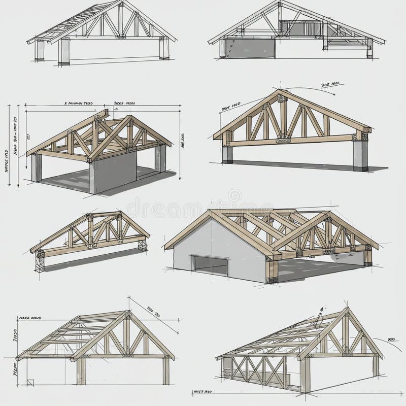 Architectural drawings of a timber truss system display various perspectives and royalty free illustration
