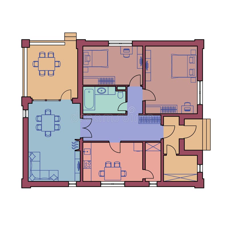 Architectural floor plan of a house. The drawing of the cottage. One-storey building isolated on white background. Vector