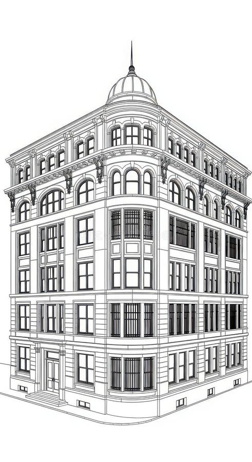 Architectural Illustration Historic Building with Dome and Windows, Outline Drawing vector illustration