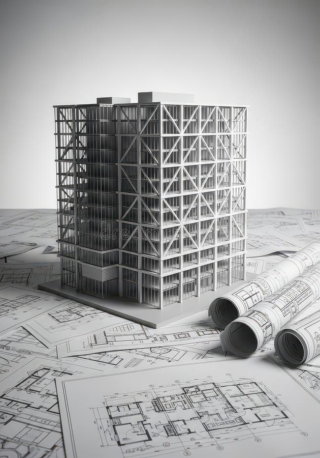 Architectural Model with Blueprints and Building Plans, Engineering, Construction, Design vector illustration