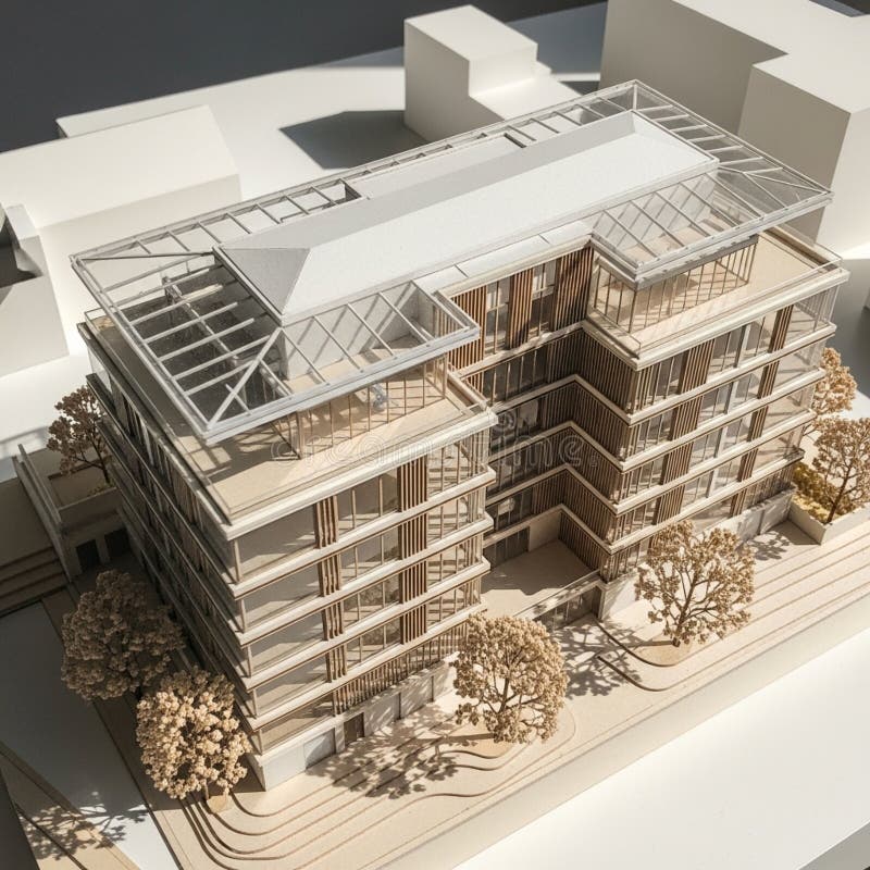 Architectural model of a modern multi-story building with a glass roof vector illustration
