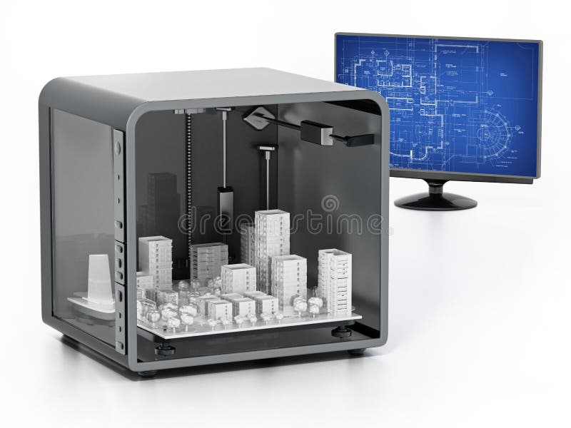 Architectural model printed in a 3D printer. 3D dimensional stock illustration