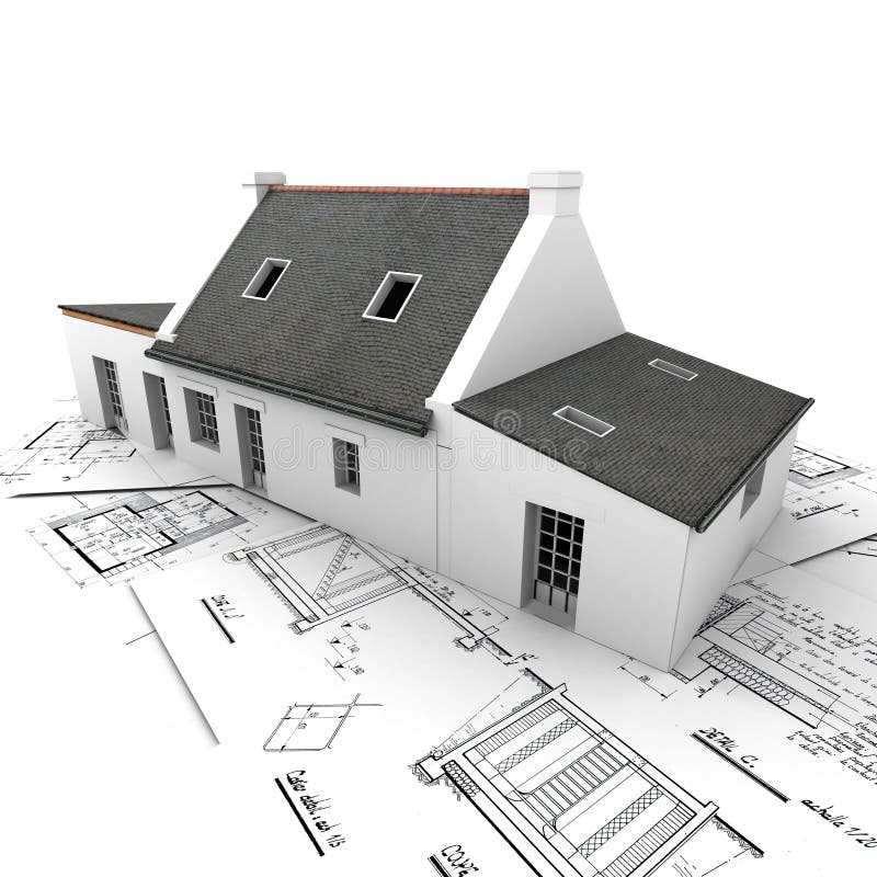 Architectural model on top of blueprints royalty free illustration