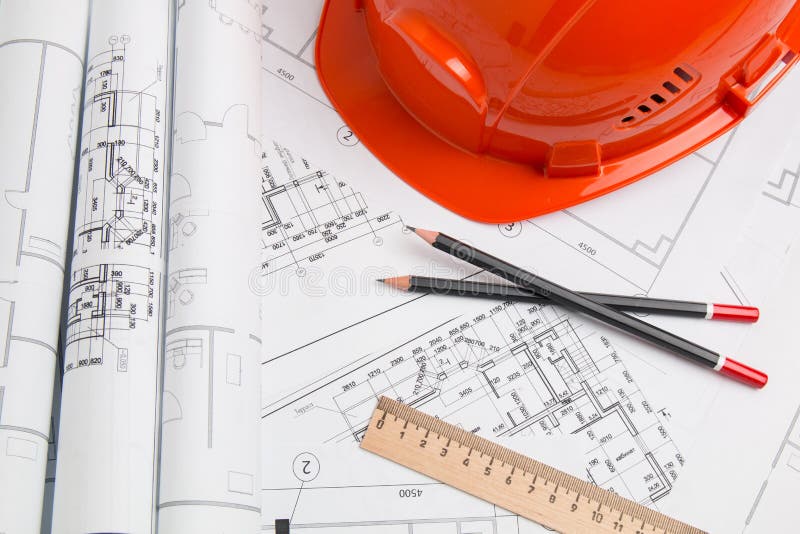 Architectural plan. Engineering house drawings, helmet, pencils and blueprints stock images Architectural plan. Engineering house drawings, helmet, pencils and blueprints stock images