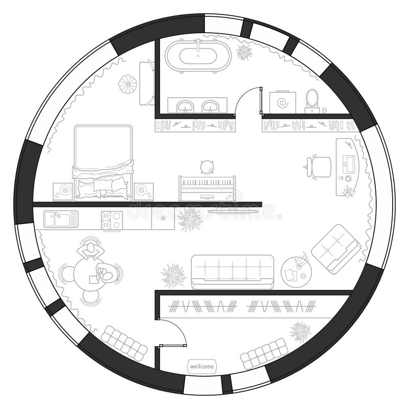 Architectural Plan Of Round House Professional Layout With Furniture architectural-plan-of-round-house-professional-layout-with-furniture