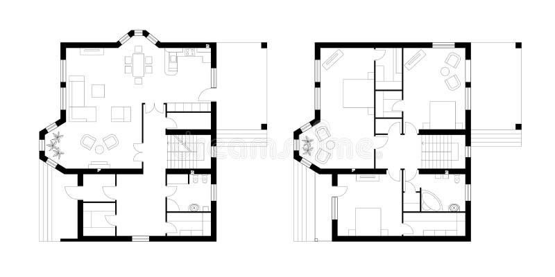 Architectural Plan Of A Two Storey Manor House With A Terrace T