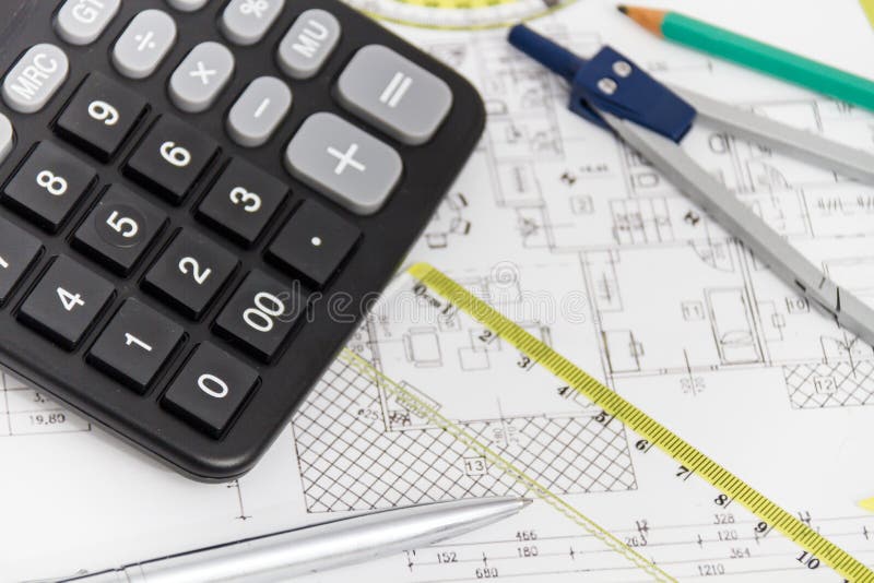 Architectural Project, Pair of Compasses, Rulers and Calculator Stock