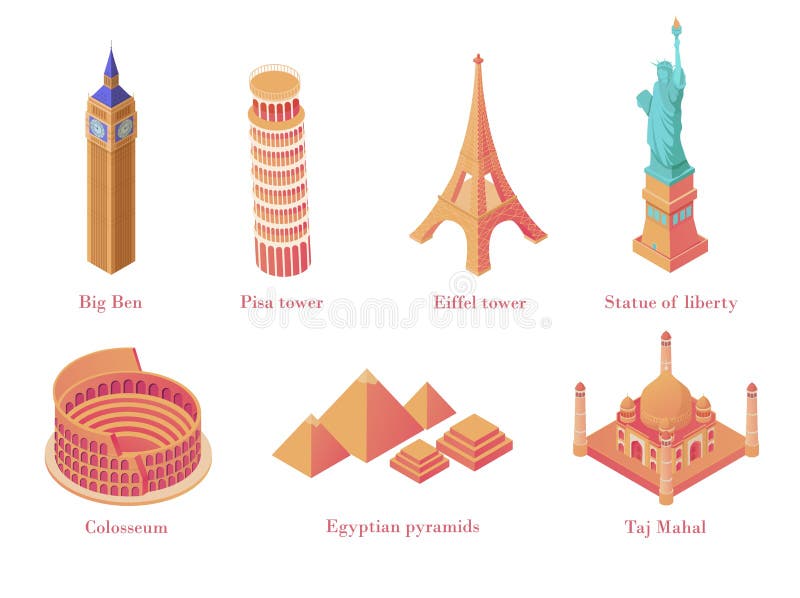 Architectural tourist attractions isometric. Old historical monuments Big Ben London leaning tower in Pisa.