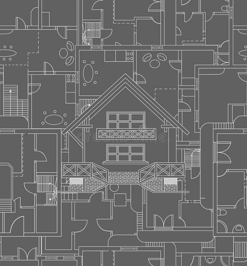 Architectural vector seamless background with handwritten technical drawings and house plans royalty free illustration