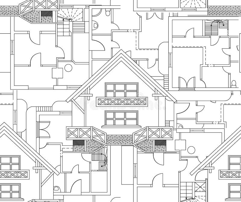 Architectural vector seamless background with handwritten technical drawings and house plans stock illustration