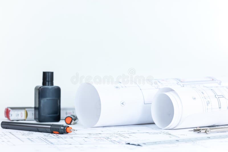 Architecturale blauwdrukbroodjes, projectplannen, techniek drawin royalty-vrije stock afbeelding Architecturale blauwdrukbroodjes, projectplannen, techniek drawin royalty-vrije stock afbeelding