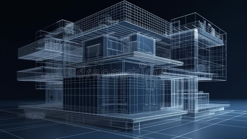 Architecture abstract blueprint wireframe render stock illustration.