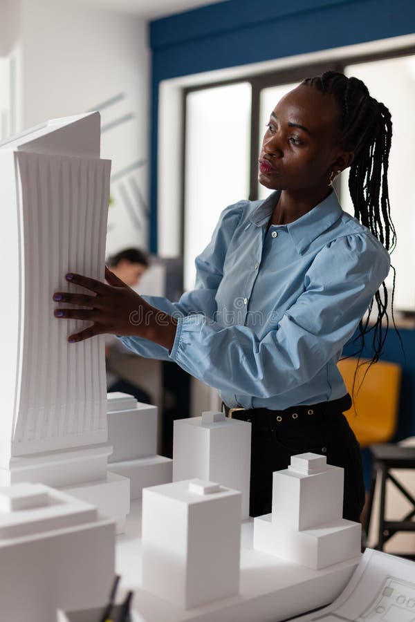 Architecture African American Constructor at Designer Job Stock Image