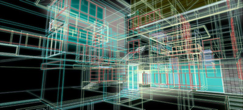 Architecture design concept 3d perspective wire frame colorful rendering with some material black background for abstract stock illustration Architecture design concept 3d perspective wire frame colorful rendering with some material black background for abstract stock illustration