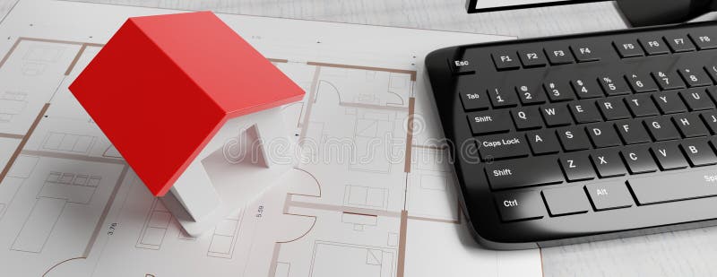 Architecture design, residential building model and computer on blueprint plan, 3d illustration stock illustration