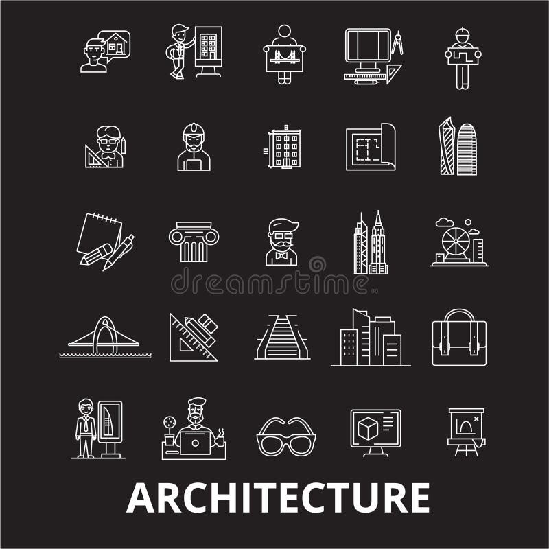 Architecture editable line icons vector set on black background. Architecture white outline illustrations, signs stock illustration