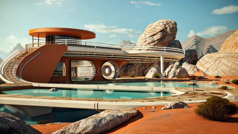 Architecture futuriste rétro dans la scène scifi sur la planète désert. paysage étranger avec nostalgie rétro futur illustration stock