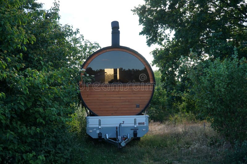 Mobile Sauna in the Form of a Barrel. Berlin, Germany Stock Image