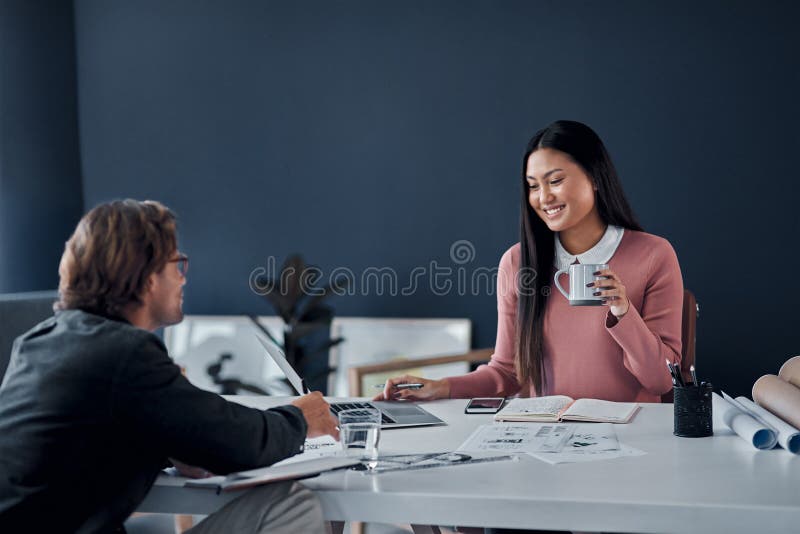 Architecture, meeting and business people with laptop, consulting and creative ideas in building development royalty free stock image