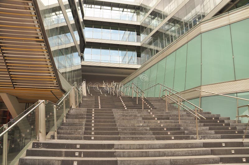 Staircase perspective and architectural volumes. Spanish contemporary architecture in Bilbao, Basque country, Spain. Staircase perspective and architectural volumes. Spanish contemporary architecture in Bilbao, Basque country, Spain