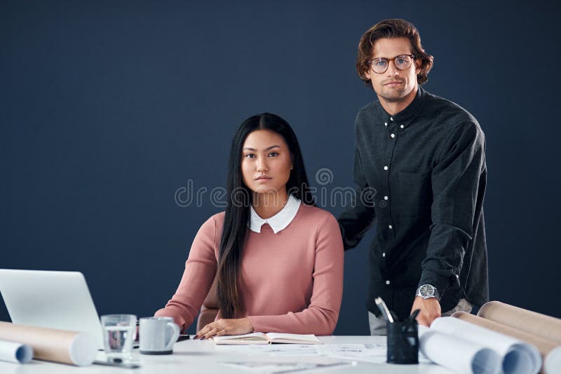 Architecture, portrait and man with woman, laptop and blueprint for creative ideas in building development. Partnership royalty free stock photos