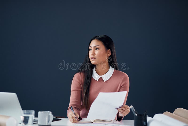 Architecture, thinking and Asian woman with notes, blueprint and planning creative ideas in building development stock photos