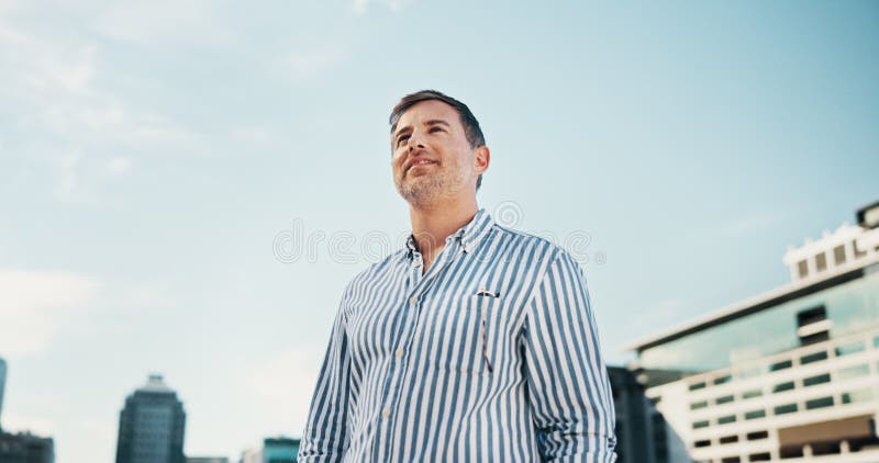 Architecture, thinking and business man in city with idea, brainstorming and planning for career. Professional stock images