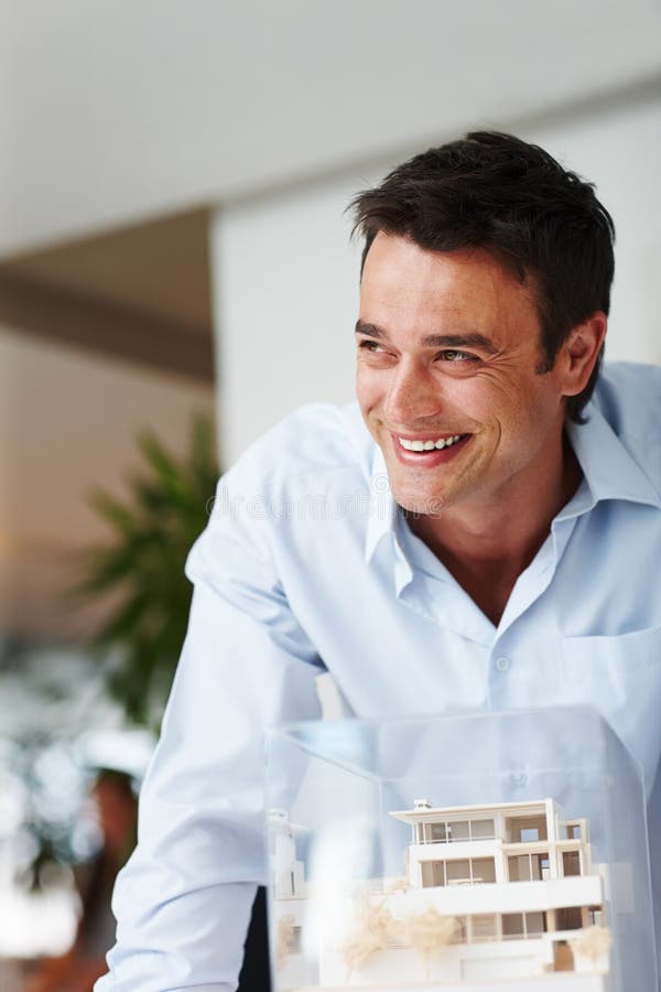Architecture, thinking or happy man with 3d of property project, real estate engineering or planning. Building model royalty free stock photo