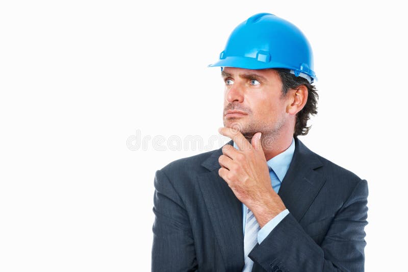 Architecture, thinking and man in studio with project mockup, construction inspection or real estate planning. Mature royalty free stock image