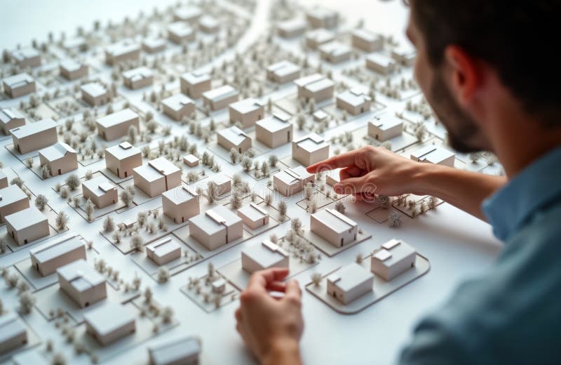 Architekt przedstawia plan zagospodarowania przestrzennego. Układ miejscowości modelu. Ręce na modelu 3D. Planowanie nowego sąsied ilustracja wektor