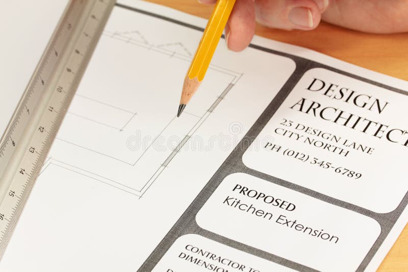 Architekten-Zeichnungs-Pläne für neue Küche lizenzfreie stockfotografie