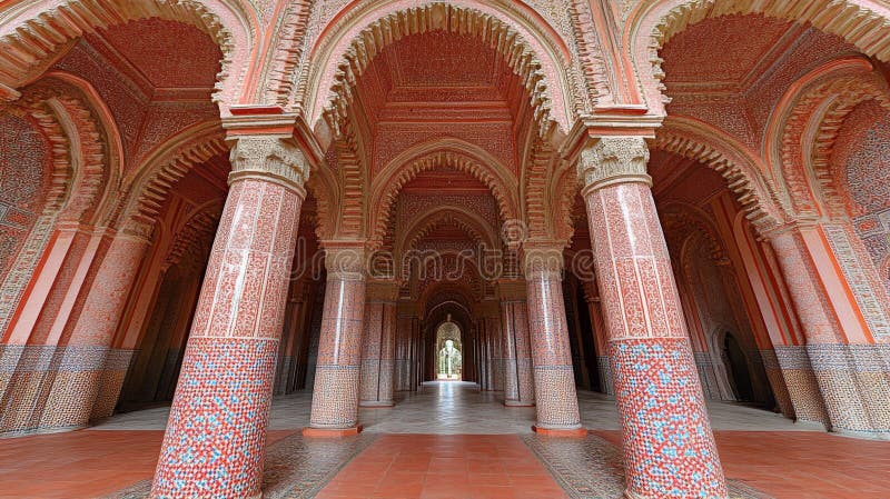 Architektoniczne architektoniczne łuki architektoniczne morocackie i skomplikowane płytki w wielkim korytarzu ilustracja wektor