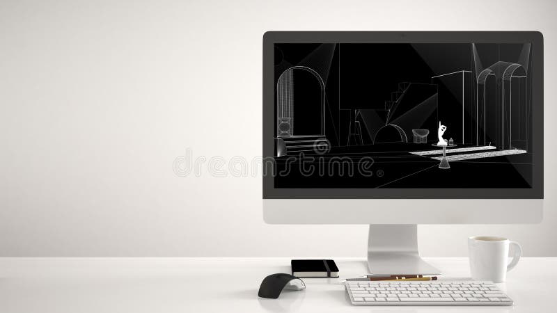 Architettura del progetto domestico, computer desktop su fondo bianco, ufficio di lavoro con sketch CAD, terraferma, finestre con illustrazione di stock Architettura del progetto domestico, computer desktop su fondo bianco, ufficio di lavoro con sketch CAD, terraferma, finestre con illustrazione di stock