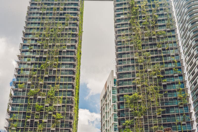 Architettura di Eco Costruzione verde del grattacielo con le piante che crescono sulla facciata Ecologia e vita verde nella città fotografia stock libera da diritti Architettura di Eco Costruzione verde del grattacielo con le piante che crescono sulla facciata Ecologia e vita verde nella città fotografia stock libera da diritti