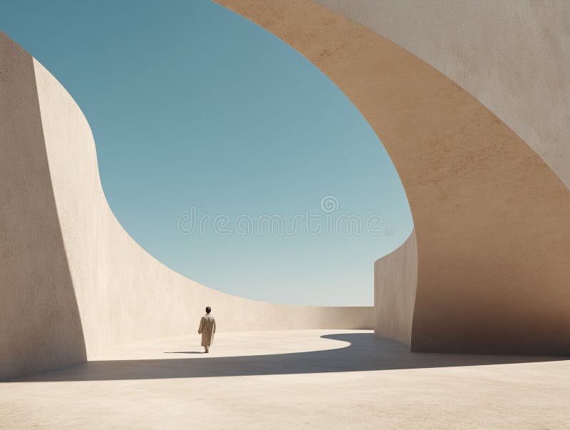 Architettura minimalista generata dall'AI con una figura sola che cammina sotto un cielo blu chiaro illustrazione vettoriale