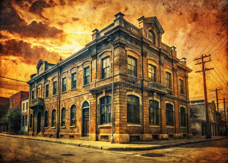 Architettura urbana TimeWarping Una foto architettonica di vintage che cattura il fascino di una vecchia facciata di un edificio illustrazione vettoriale