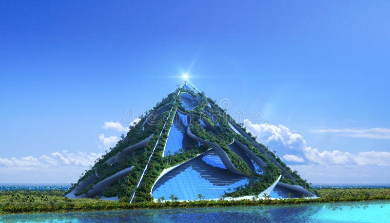 3D futuristic green architecture with a glass pyramid enclosed in vine-like structures covered with trees and a vertical garden, against a marina skyline, for fantasy or science-fiction illustrations. 3D futuristic green architecture with a glass pyramid enclosed in vine-like structures covered with trees and a vertical garden, against a marina skyline, for fantasy or science-fiction illustrations