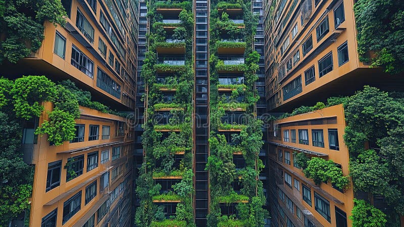 Architettura verticale dei giardini : Lush Green Building Faces. Un'immagine impressionante di un moderno palazzo con giardini verticali estesi che coprono le sue facciate. Il verde di scarico abbassa gli edifici a più livelli creando un design attraente e sostenibile. La facciata dell'edificio è una leggera arancione marroncino che si scontra perfettamente con il fogliame verde vibrante. Questa immagine mostra architettura sostenibile architettura paesaggistica urbana e progettazione ecocompatibile. Ideale per mostrare l'architettura moderna tecniche di costruzione verde e concetti di vita sostenibili.