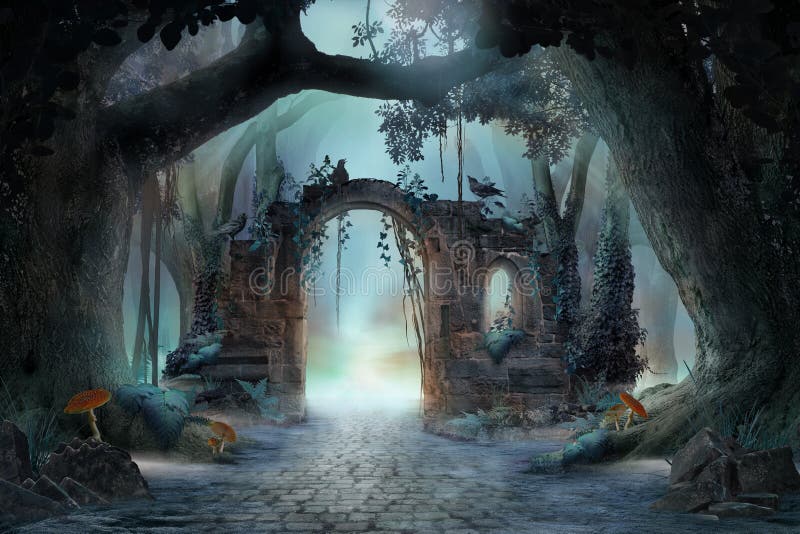 Archway in an enchanted fairy forest landscape, misty dark mood