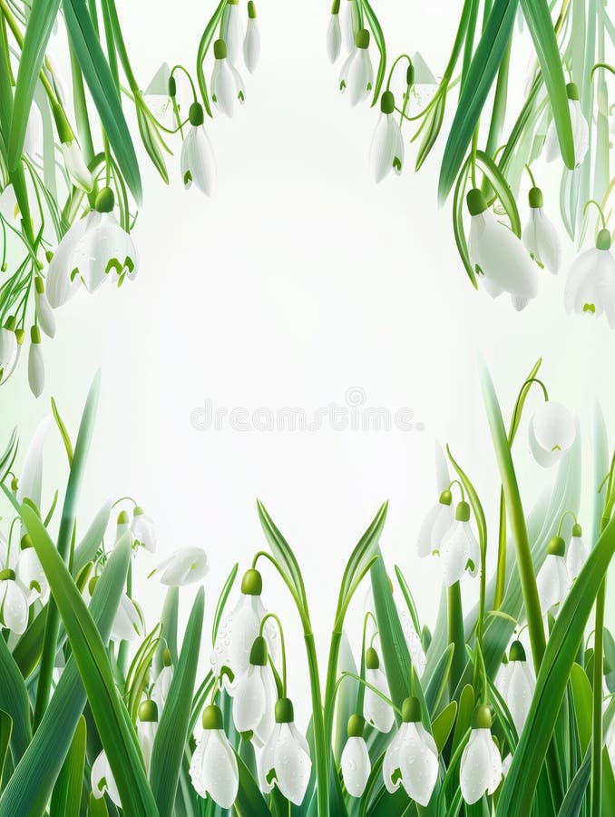 An archway of snowdrops frames a blank canvas, inviting the imagination to ponder the onset of spring gentle touch. stock image