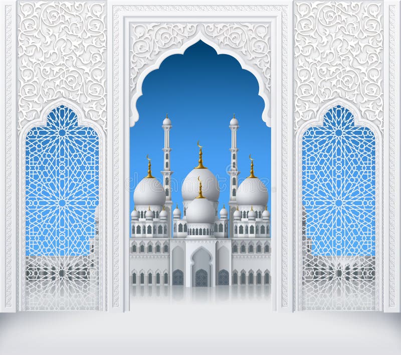 Arco bianco di progettazione islamica con il modello e la moschea